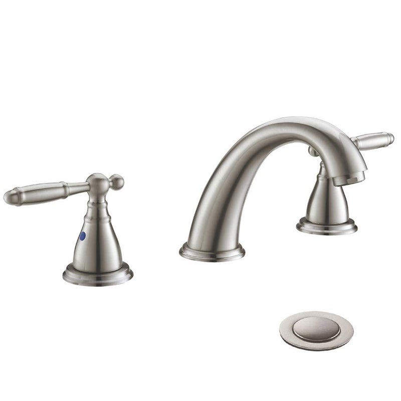 Phiestina 8 Inch 3 Holes Brushed Nickel Low Arc Widespread Bathroom Sink Faucet, 2 Handles Bathroom Faucet with Stainless Steel Pop Up Drain, WF008-4-BN - Image 1